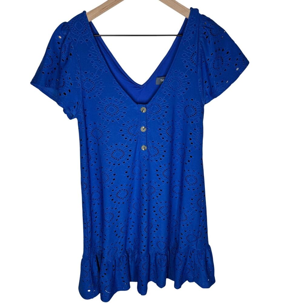 ModCloth Blue Eyelet Ruffle Hem V-Neck Dress Size Small